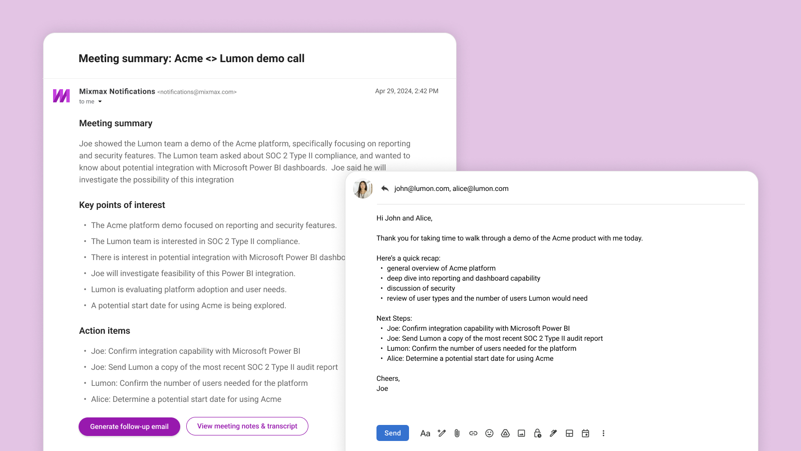 Meeting summary email + follow-up generation