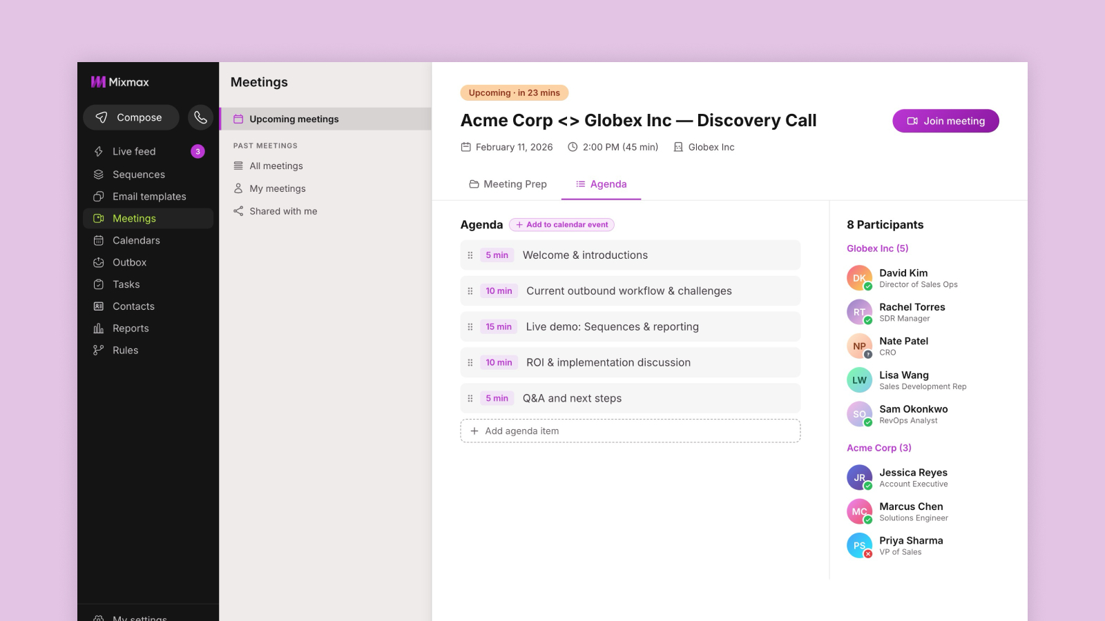 Meeting prep email + upcoming meetings view